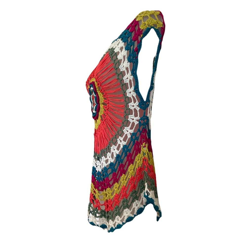 Crochet Top Sz S/M Colorful Open Knit Flower Festival Hippie Stretch Sleeveless - Picture 5 of 11